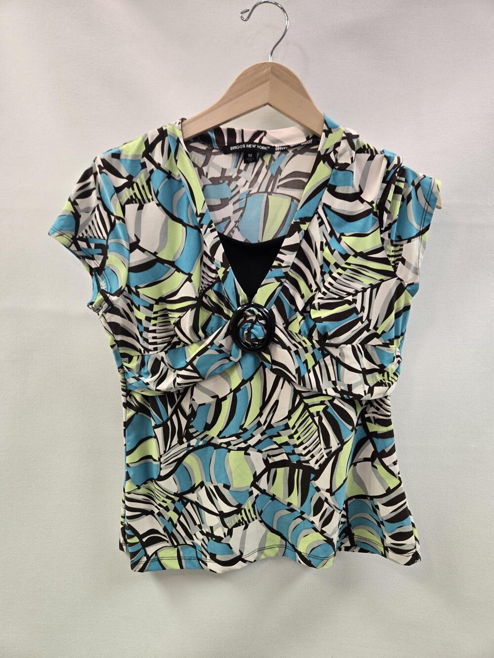 Briggs New York Blouse Womens Medium Multicolor Abstract Ring V Neck USA Stretch